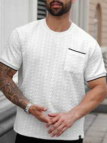 Manfinity Homme Men's Casual Short Sleeve T-Shirt, Made Of Vertical Striped Jacquard Knitted Texture Fabric, Fashion Versatile, Suitable For Daily Wear. It Is The Perfect Gift For Boyfriend Or Husband. Plus Size Men T-Shirt, Men's Casual Top, Men's Textured T-Shirt, Men's Summer Top, White Short Sleeve T-Shirt