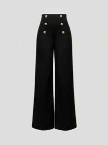 Sweetra Petite Petite Women Casual Versatile Straight Leg Pants With Button Decoration, Black Fall Cloth For Women