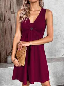 Breezaya Vacation Casual Solid Color Sleeveless Dress - Burgundy - View 3
