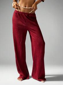 MISSGUIDED Wide Leg Velvet Pants Beach Resort Lounge Wear Festival Bohemian Casual Summer Fall Bottoms Pants Music Venue Cruise Vacation Christmas - Burgundy - View 5