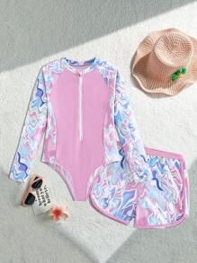Wildeya Nuevo traje de baño de una pieza con pantalones cortos en color rosa sólido, con estampado de tie-dye multicolor y diseño de patchwork, en estilo resort de moda