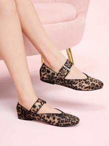 CUCCOO DOLLMOD Women's Brown Leopard Print Mary Jane Flats, Stylish For Commuting - Brown - View 4