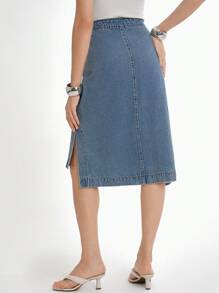 Daynim 女式不对称侧系带休闲牛仔迷你裙 - 中等水洗藍 - 查看 2