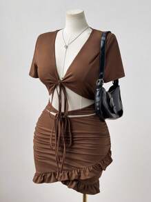 Sunspun Đầm bodycon khoét eo cổ chữ V buộc nơ cỡ lớn cho nữ - Màu Khaki - Xem 6