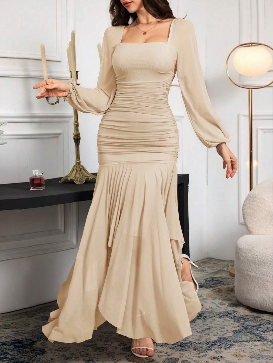 Modelyn Women's Elegant Solid Color Lantern Sleeve Asymmetric Hem Extra Long Dress,Dresses For Women Summer - Apricot - View 1