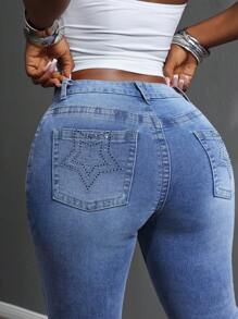 Slaydiva Jeans con campana bordados y decorados con rhinestones para mujer - Lavado ligero - Ver 4