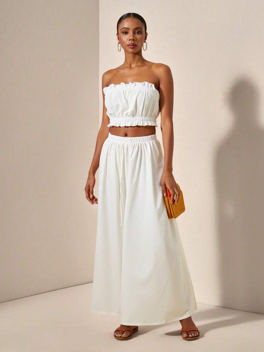Slaydiva Size Frill Trim Tube Top And Elastic Waist Wide Leg Pants For Summer Leisure