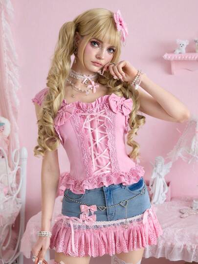 J-Fashion Débardeur Lolita style avec décoration de nœud, bordure en dentelle contrastante, style ajusté, pour femmes, kawaii, pour l'été