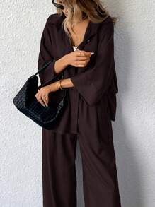 Aveloria Modichic 2 件套女士混纺侧开衩宽松衬衫和高腰阔腿裤优雅商务休闲女装