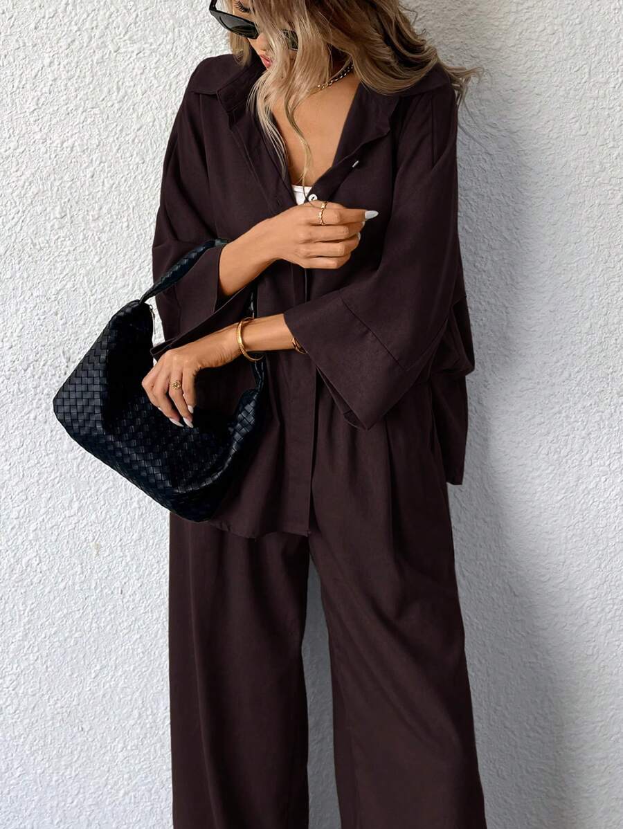 Aveloria Modichic 2 件套女士混纺侧开衩宽松衬衫和高腰阔腿裤优雅商务休闲女装