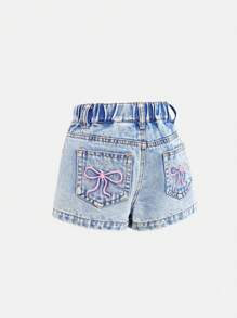 SHEIN Baby Girl Blue Denim Shorts With Embroidered Bowknot Design - Light Wash - View 3