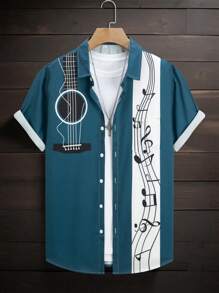 Manfinity Homme Music Note & Guitar Print Men's Casual Short Sleeve Button Down Shirt, Color Block Summer Shirt For Men - Navy Blue - View 1
