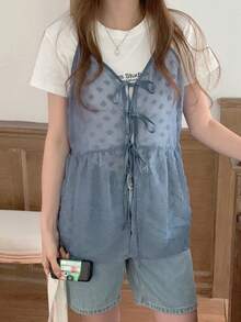 DAZY Women Solid Color Spaghetti Strap Sheer Lace Up Summer Casual Tank Top