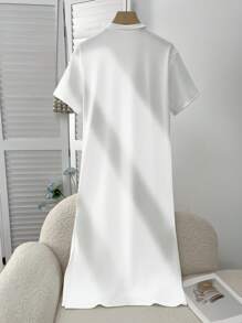 Teen Girls Simple Print Crew Neck Short Sleeve Dress - White - View 2