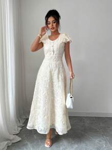 Elenzga Women's Elegant V-Neck Cap Sleeve Waist Cinched A-Line Dress