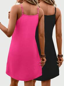 SHEIN LUNE Bộ 2 váy ngắn không tay màu trơn dành cho nữ, thích hợp mặc hàng ngày vào mùa xuân/hè, trang phục cơ bản thường ngày. - Màu Hồng Tươi - Xem 2