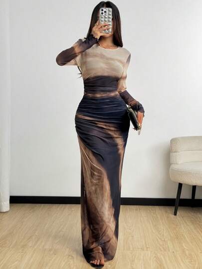 Chiquease Women's Tie-Dye Pleated Dress Maxi Women Outfit Fall Cloth For Women