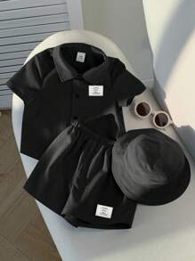 SHEIN 3 pièces/Set Top de cardigan à col brodé à manches courtes pour bébé garçon, shorts à taille élastique et chapeau