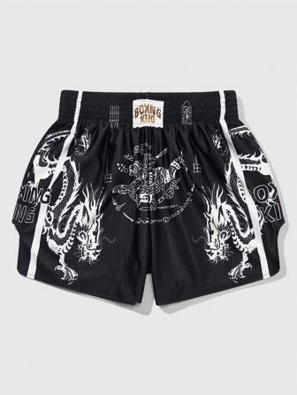 Pantalones cortos de boxeo con estampado gótico de letras y dragón, de cintura elástica y sueltos, para volver al colegio
