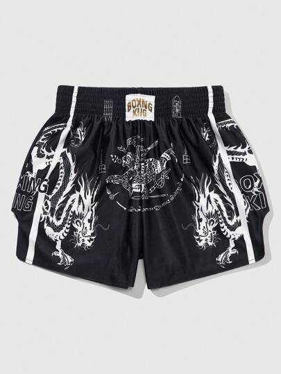 Street Life Pantalones cortos de boxeo holgados con cintura elástica, estampado gótico de letras y dragón, para Halloween