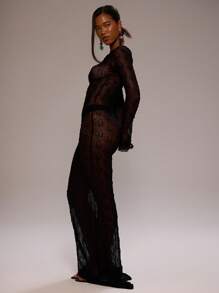 MUSERA 船领透视蕾丝修身喇叭下摆长袖连衣裙，春夏度假海滩游泳优雅可爱性感波西米亚风婚礼宾客生日伊比沙岛假日秋季婚礼宾客，优雅约会之夜，朋克派对夏季装扮 - 黑色 - 查看 3