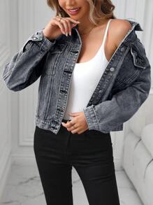 EMERY ROSE 女士休闲水洗短款牛仔夹克 - 灰色 - 查看 3