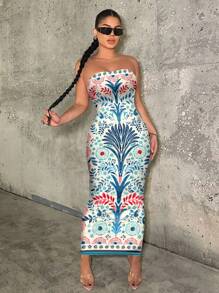 SHEIN SXY 休闲印花修身连衣裙，适合夏季度假 - 彩色 - 查看 4