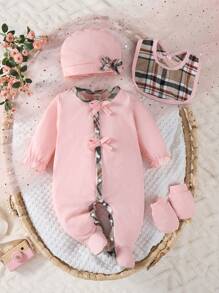 4pcs Newborn Baby Girls' Set With Long Sleeve Footed Romper, Hat, Bib, And Mittens, Plaid Pattern Cute Outfit,Cotton, Check Fall Winter - Pink - View 1
