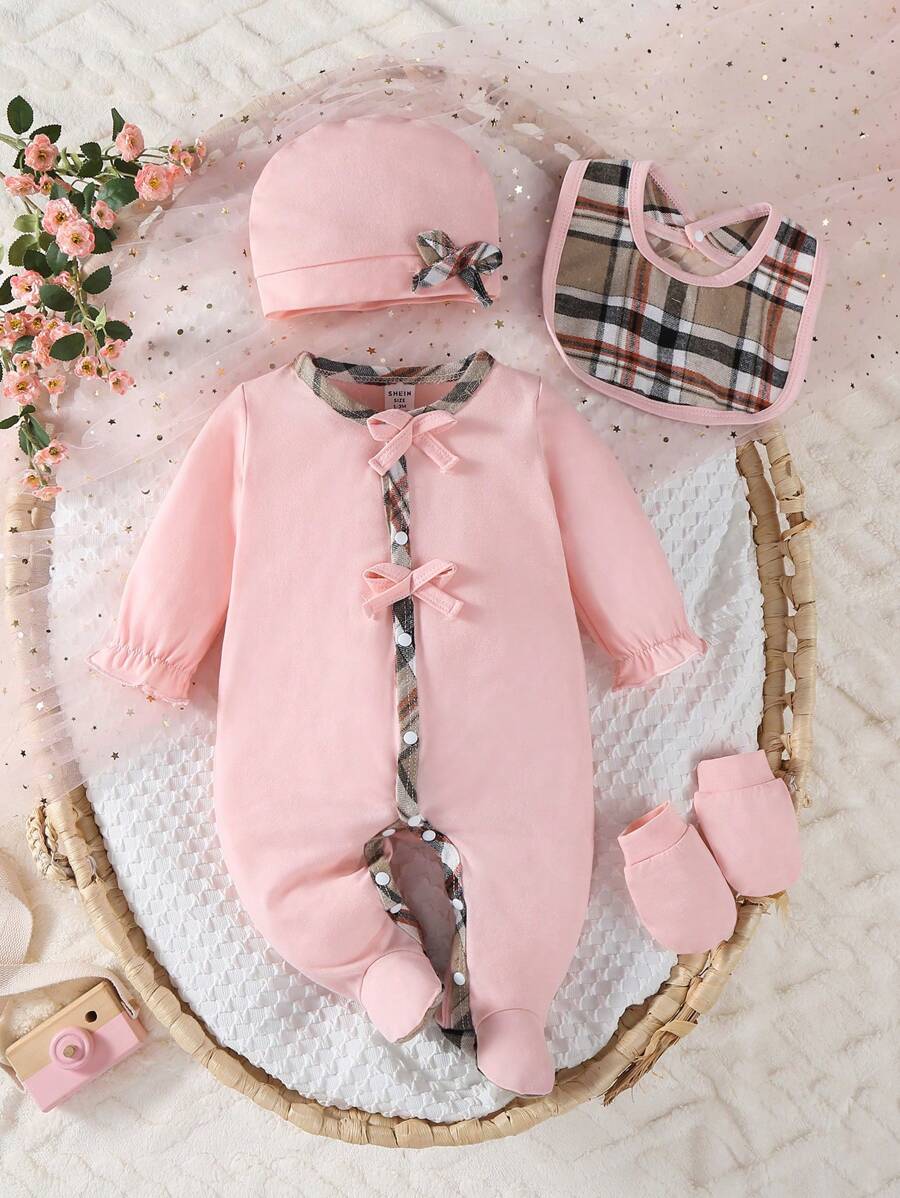 4pcs Newborn Baby Girls' Set With Long Sleeve Footed Romper, Hat, Bib, And Mittens, Plaid Pattern Cute Outfit,Cotton, Check Fall Winter - Pink - View 1