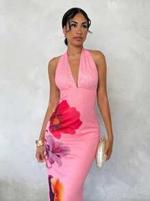 Glamine فستان طباعة الأزهار بياقة على شكل حرف V، وخصر مربوط، بأسلوب أوروبي وأمريكي مناسب للرحلات والعطلات - متعدد الألوان - مشاهدة 5