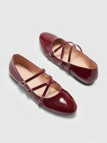 CUCCOO BIZCHIC 女士圆头平底鞋，多带设计，舒适百搭，酒红色日常办公平底鞋