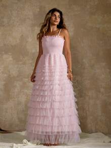 Flirla Plus Size Elegant Solid Color Mesh Maxi Slip Dress, Summer - Pink - View 2