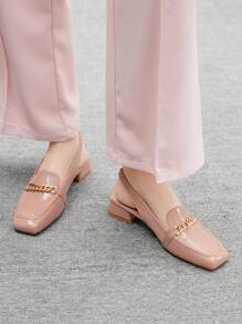 CUCCOO BIZCHIC 卡其色链条带低跟方头露跟平底鞋，时尚通勤、约会、派对、节日穿着