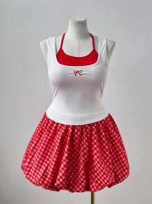 Sunspun 大码女式夏季休闲度假风格刺绣二合一上衣和格子喇叭迷你裙套装 - 彩色 - 查看 3