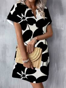 SHEIN LUNE Casual Minimalist V-Neck Woven Short Dress For Women, Suitable For Spring/Summer Vacation Dress Chic Dress - Multicolor - View 4