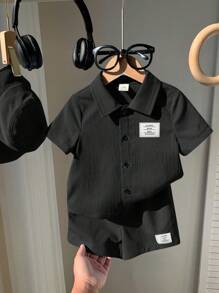 SHEIN 3 pièces/Set Top de cardigan à col brodé à manches courtes pour bébé garçon, shorts à taille élastique et chapeau