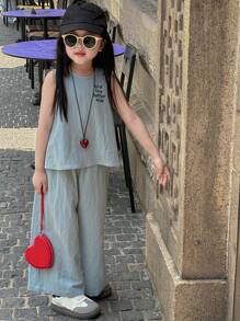 Dazy Kids Young Girl Summer Casual Slogan Embroidery Tank Top And Denim Pants 2-Piece Set