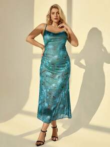 Auralis Plus Size Summer Elegant Teal Graphic Spaghetti Strap Fishtail Dress For Women,Tea Party Beach Birthday Graduation Club Outfits,Y2k Fairycore Flowy - Multicolor - View 4