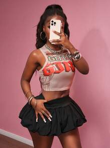 Slaydiva 2025 Summer New Style Birthday Party Graduation Season Student Wear Daily Street Basic Versatile Leisure Vacation Cruise Travel Beach Seaside Sunbathing Popular Online Round Neck Sleeveless Letter Print Racer Back Tight Short Apricot Top And Black Flower Bud Mini Skirt Summer Suit Women's Two-Piece Suit