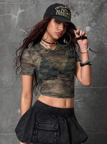 ROMWE Grunge Punk 夏季女式 Y2K 性感迷彩网眼铆钉修身短款上衣 - 彩色 - 查看 1