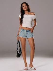 TRNVIE Women's Casual Distressed Hem Denim Shorts With Pockets
