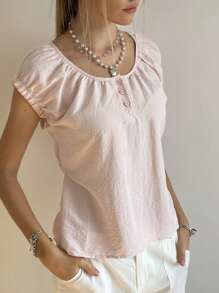 SHEIN Bubbli Women's Solid Color Pleated Bat Wing Short Sleeve Half-Open Neck T-Shirt