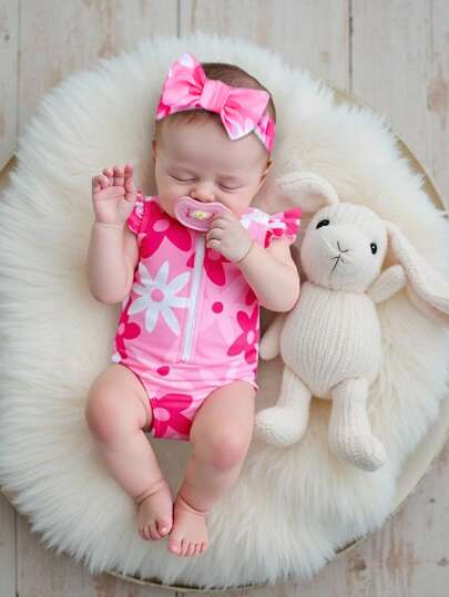 新生儿花卉荷叶边连体泳衣（含头带套装）