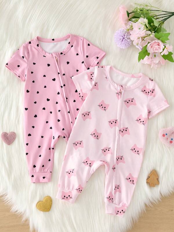 SHEIN Dozemod Newborn Baby Girl 2pcs/Set Cartoon Cat & Heart Print Crew Neck Short Sleeve Jumpsuit With Zipper Front, Soft & Cozy Romper Pajamas
