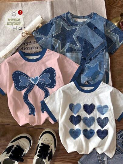 SHEIN 3件套休闲可爱蝴蝶结、爱心、星星印花基本款圆领短袖T恤，适合年轻女孩，学院风，复古美式，百搭时尚，春夏