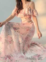 DAZY Vestido largo de mujer con un hombro, dobladillo con volantes y estampado floral, atuendo para fiesta de cumpleaños de verano, ropa para volver a la escuela, vestido maxi