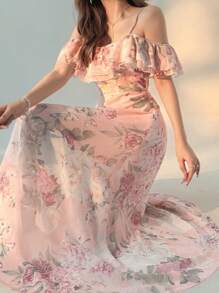 DAZY Women's Long One Shoulder Ruffled Hem Floral Print Dress, Summer Birthday Party Outfit,Back To School Clothes - Pink - View 1