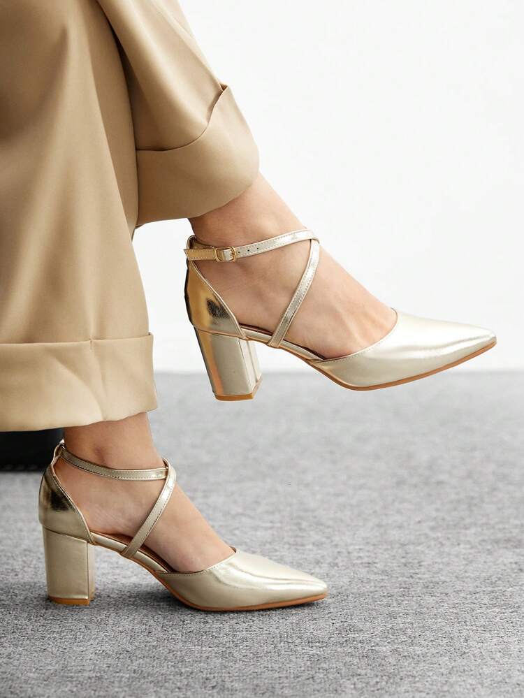 CUCCOO BIZCHIC Women's Pointed Toe Criss-Cross Strap Chunky Heel Elegant Commuter Minimalist Gold Metal Faux Leather Pumps, Hollow-Out Stylish Party Office Formal Basic Versatile Shoes For Christmas Spring Shoes
