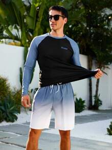 Manfinity VDAYZ Costum de baie pentru bărbați, cu mânecă lungă, cu blocuri de culoare, pantaloni scurți și protecție solară