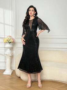 Joudiya Women's Solid Color Sequin Contrast Mesh Ruffle Trim Long Dress